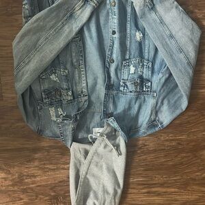 Fashion Nova Blue Denim Jacket with Gray Hoodie
